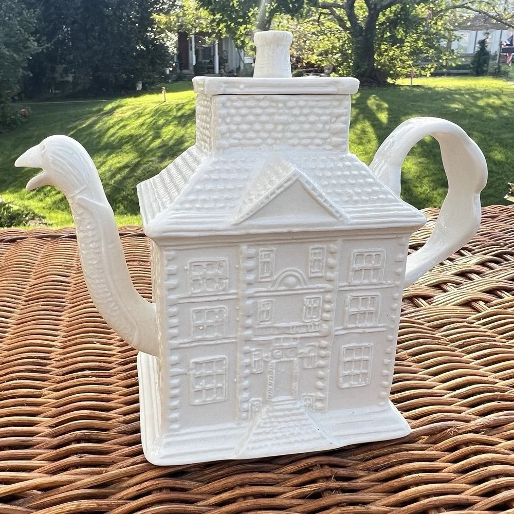 MMA‎ English Staffordshire White Salt Glazed House Form Teapot Vintage